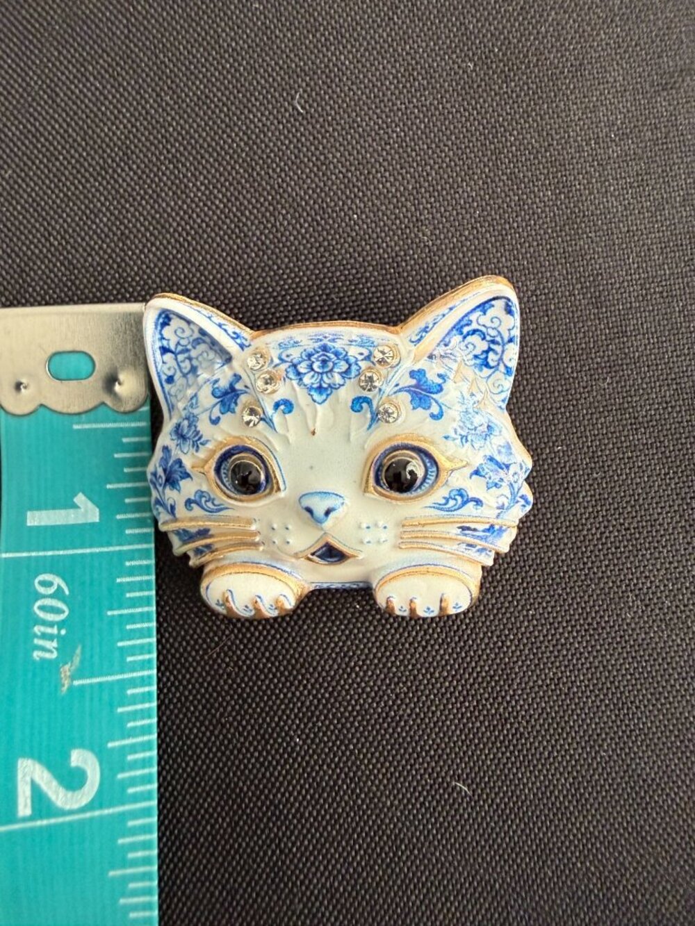 Blue & White Porcelain-Look Brooch Duo – Kitten & Ram Enamel Rhinestone Pins, Go - Picture 7 of 8